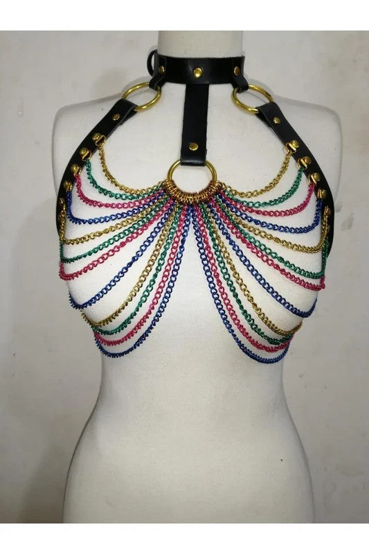 BlackFauxLeatherwithRainbowMetallicChainHarness
