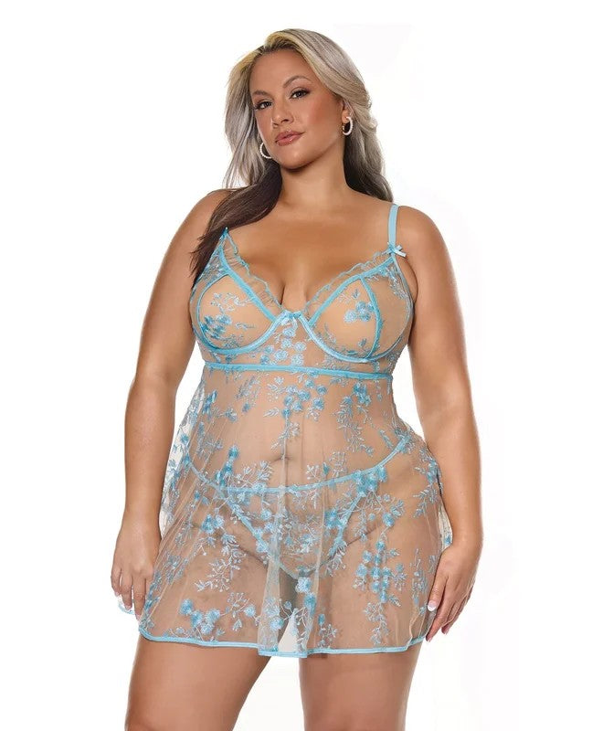 BlueBlossomUnderwireBabydollw/G-String–Blue3X/4X