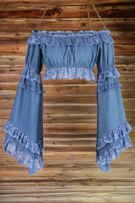 BlueDenimColorSmockedFlareSleevePeasantTop