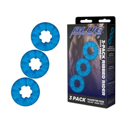 BlueLine–3-PackRibbedRiderCockRingSet(Blue)