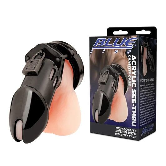 Blueline–AcrylicChastityCockCage(Black)