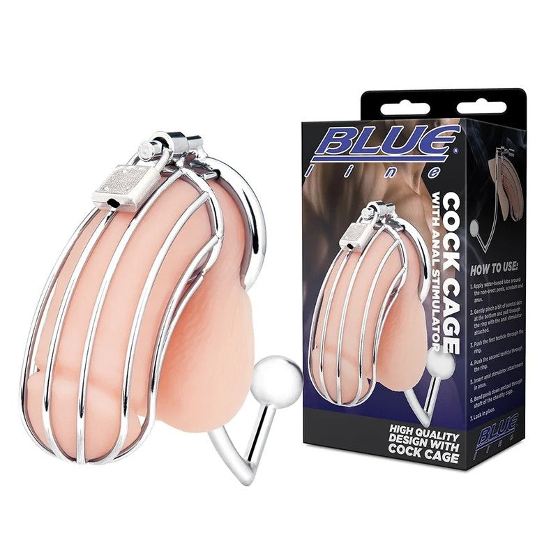 BlueLine–StainlessSteelCockCagewithAnalStimulator