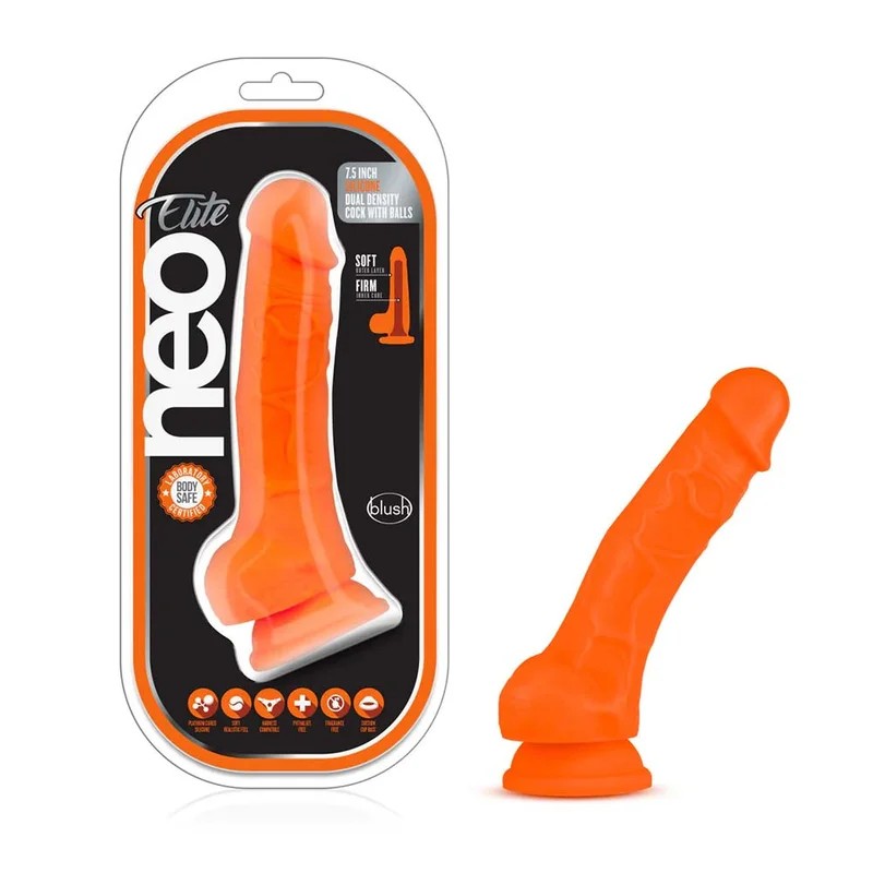 BlushNeoEliteOrange7.5InchSiliconeDualDensitySuctionCupDildo