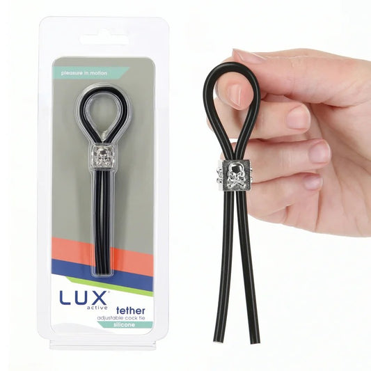 BMS–LUXActive“Tether”AdjustableSiliconeCockTiewithSkullCinch(Black/Silver)