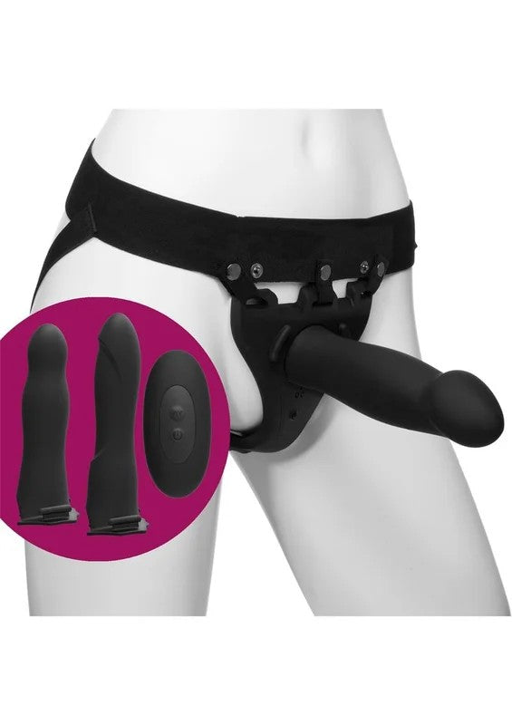BodyExtensionsBeNaughtySiliconeStrap-OnRechargeableVibratingHarnesswith2HollowDildosandRemote