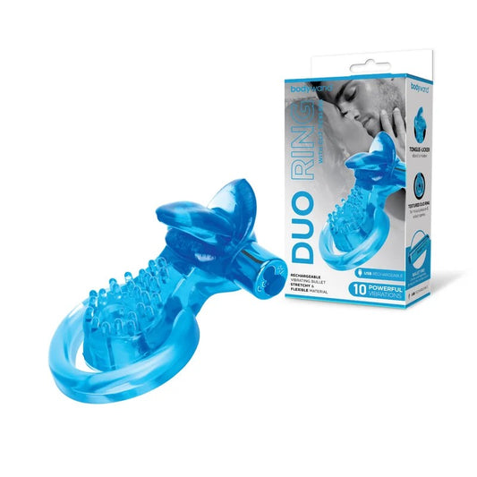 Bodywand–RechargeableDuoCockRingWithClitTicklerTongue(Blue)