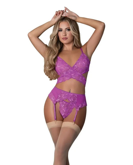 ButterflyFantasiesCrossOverBralettew/ThongandGarter3pcSet–NeonPurpleL/XL
