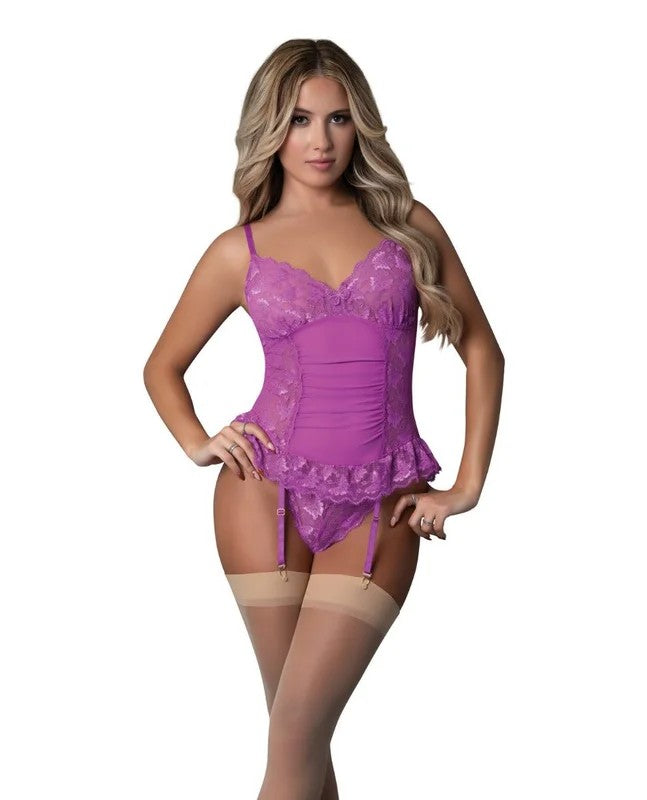 ButterflyFantasiesGatheredCorsetw/CheekyPanty&AttachedGarters2pcSet–NeonPurpleS/M