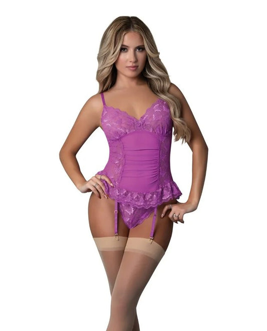 ButterflyFantasiesGatheredCorsetw/CheekyPanty&AttachedGarters2pcSet–NeonPurpleS/M