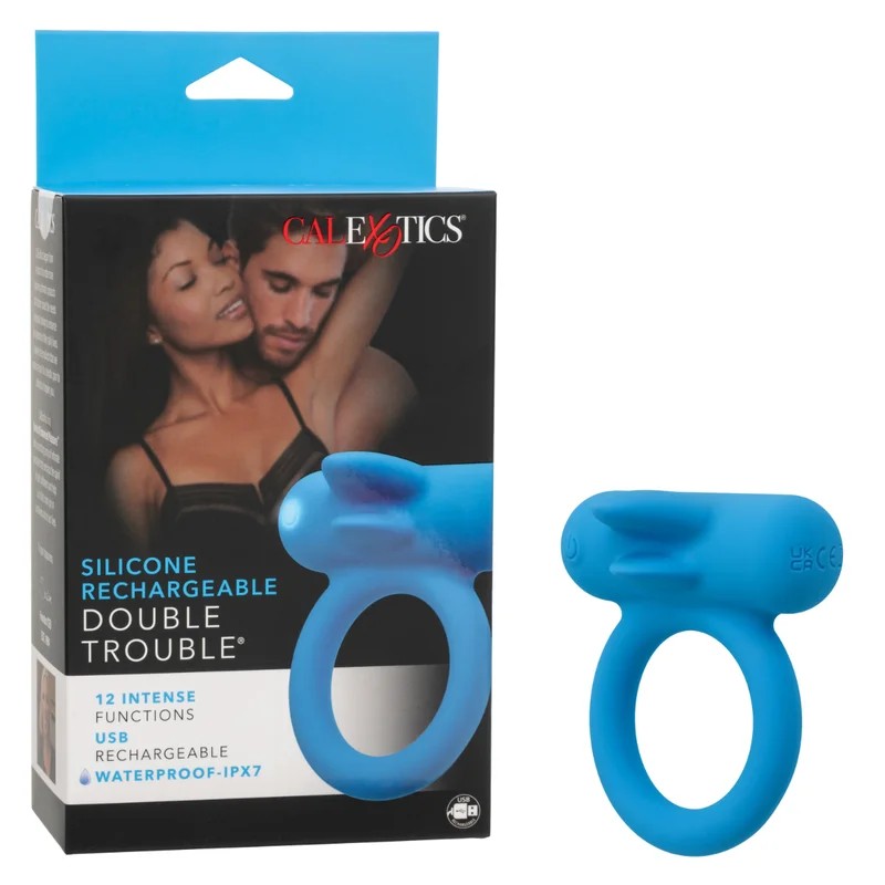 Calexotics–SiliconeRechargeableDoubleTroubleVibratingCockRing(Blue)