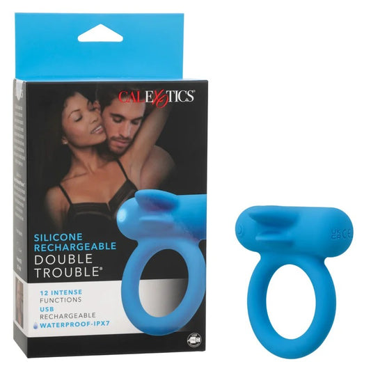 Calexotics–SiliconeRechargeableDoubleTroubleVibratingCockRing(Blue)