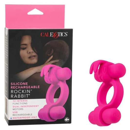 Calexotics–SiliconeRechargeableRockin’RabbitDualVibratingCockRing(FuchsiaPink)
