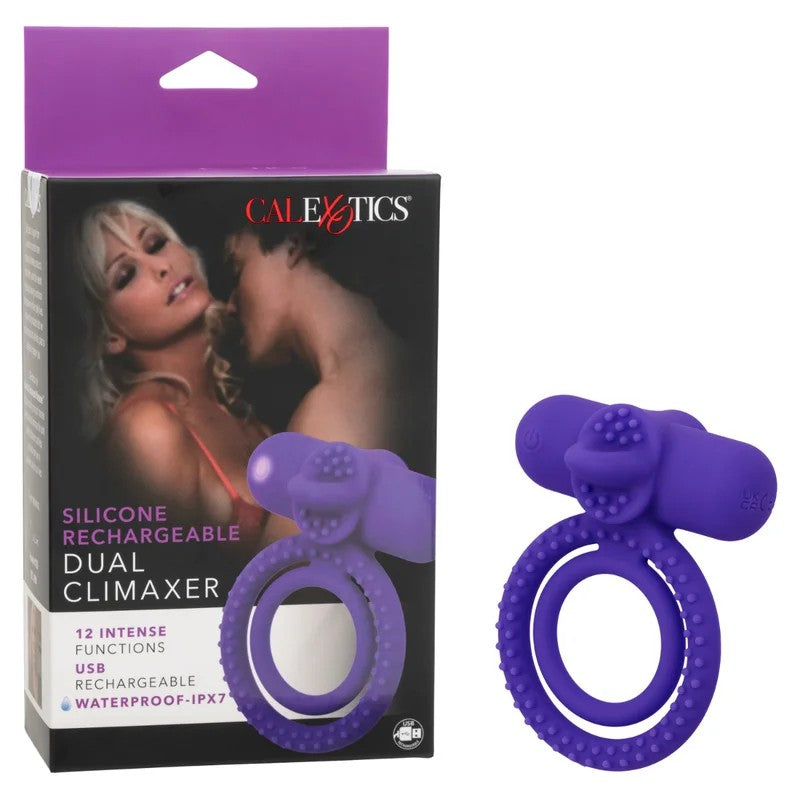 Calexotics–SiliconeRechargeableDualClimaxerVibratingCock&BallRing(Purple)