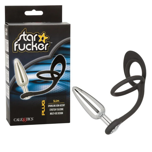 Calexotics–StarFuckerDualCockRingGemPlug–Slim(Black/Silver)