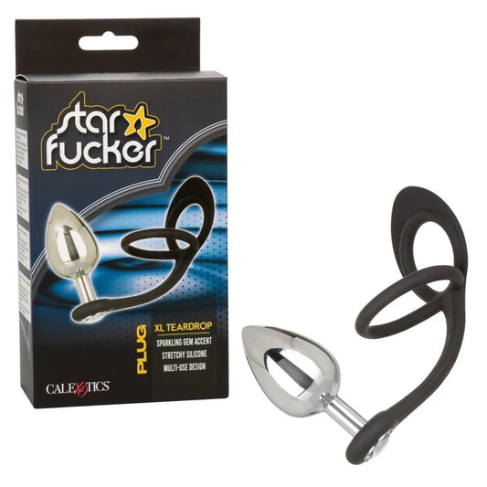 Calexotics–StarFuckerDualCockRingGemPlug–XLTeardrop(Black/Silver)