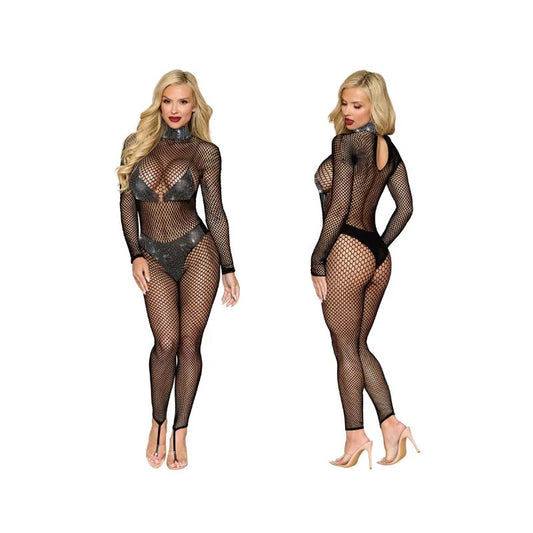 Dreamgirl–BlackFishnetBodystockingOpaqueCollar,Bra&PantyWithRhinestones–(SizeOS)