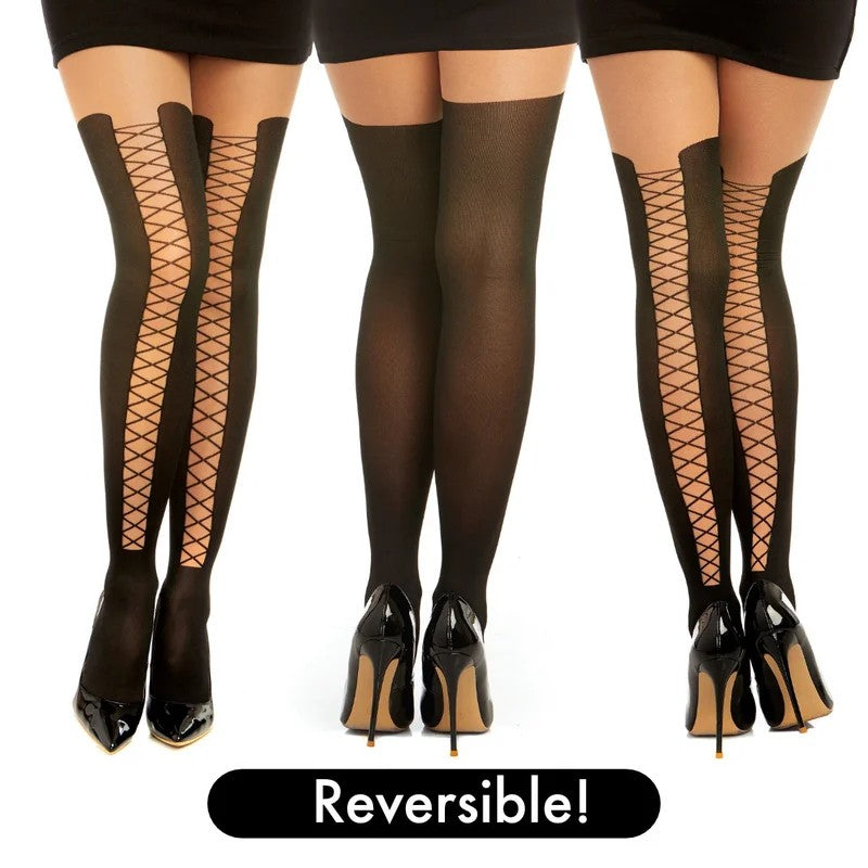Dreamgirl–SheerPantyhoseWithOpaqueLace-UpDetail–OS(Black)
