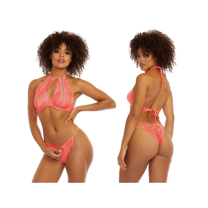 DreamgirlLingerieStretchLaceandZipperDetailedBraletteandPantySetCoral–(OSFM)