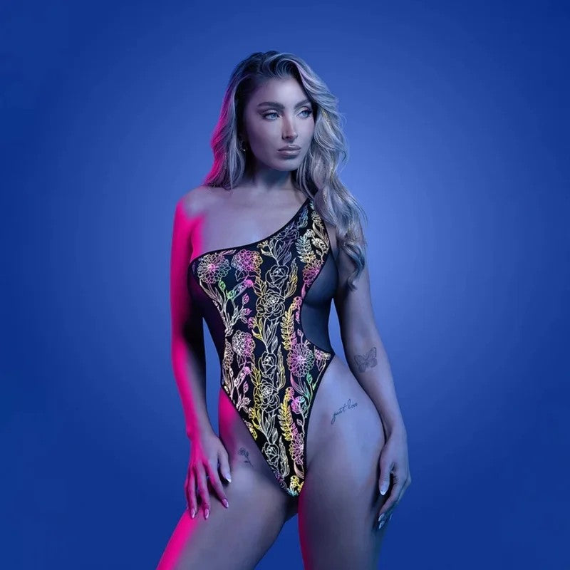 FantasyLingerieGlowLuminescentFloralPrintOne-ShoulderTeddyLingerie
