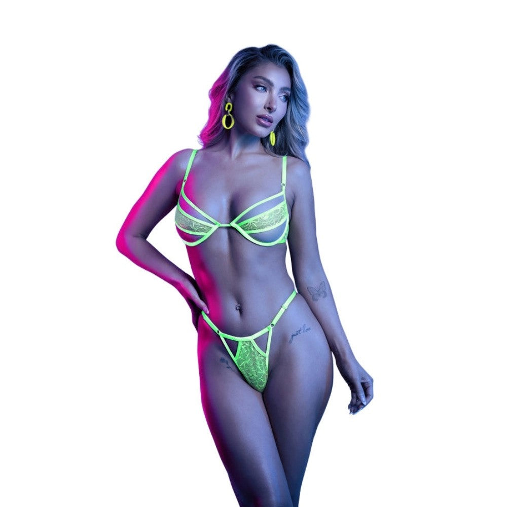 FantasyLingerieGlowUVReactiveGreenLaceMeshUnderwireBraPantySetSexyforWomen