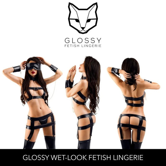 Glossy–“Karlie”WetlookStrappySetwithTop,Skirt,Panty,Blindfold,ChokerCollar,Cuffs–Medium(WetLookBlack)