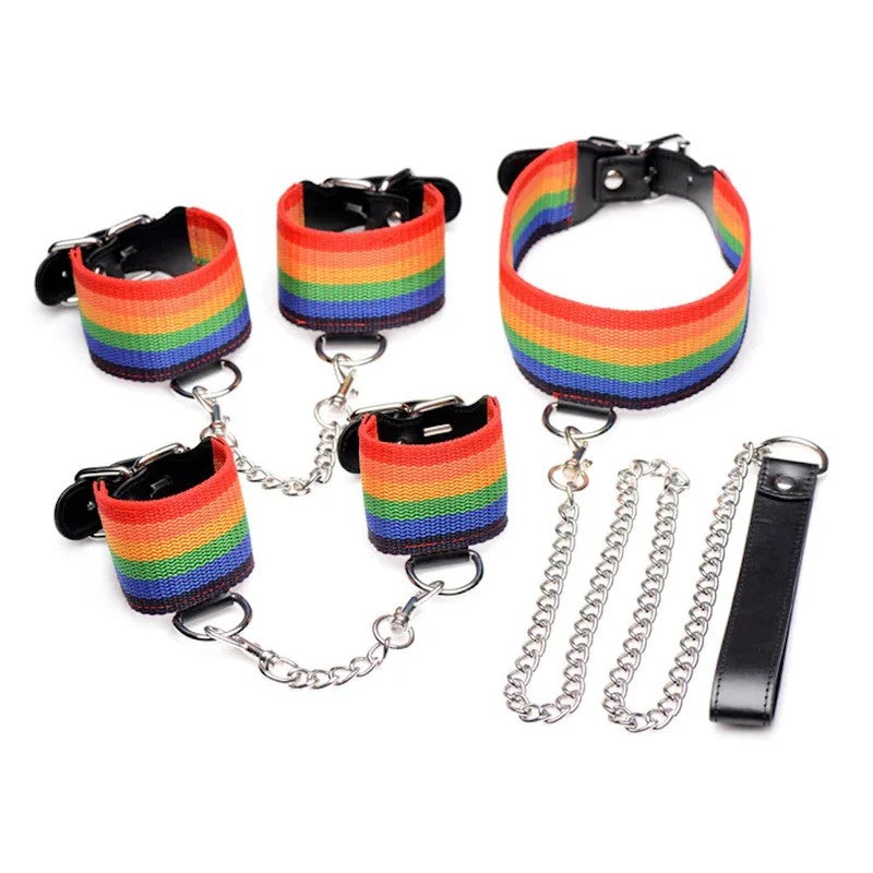 KinkyPrideRainbowBondageSet–Collar,Leash&Cuffs