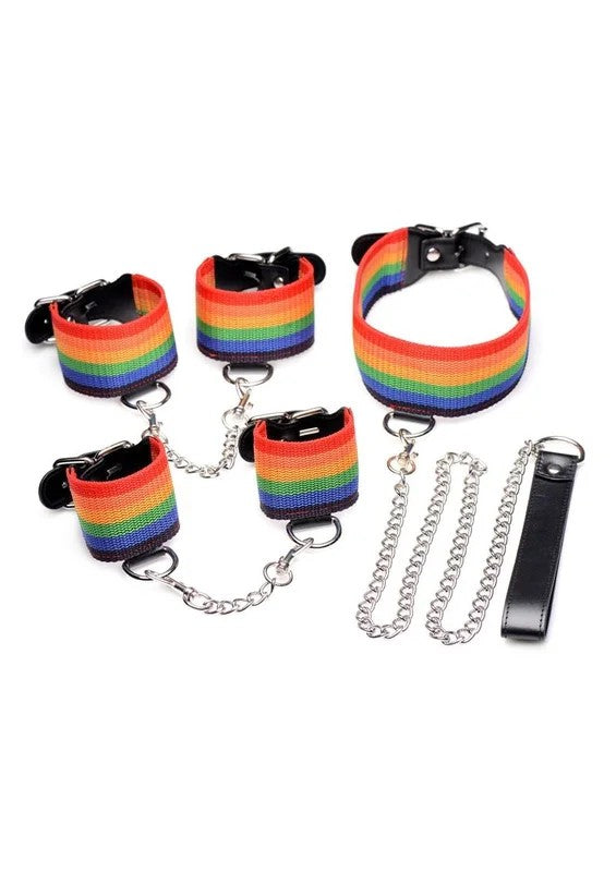 KinkyPrideRainbowBondageSet–Wrist/AnkleCuffsandCollarwithLeash