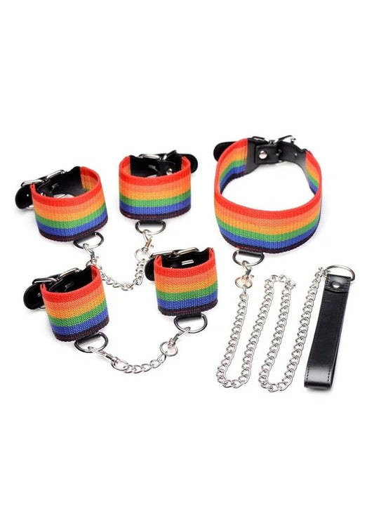 KinkyPrideRainbowBondageSet–Wrist/AnkleCuffsandCollarwithLeash
