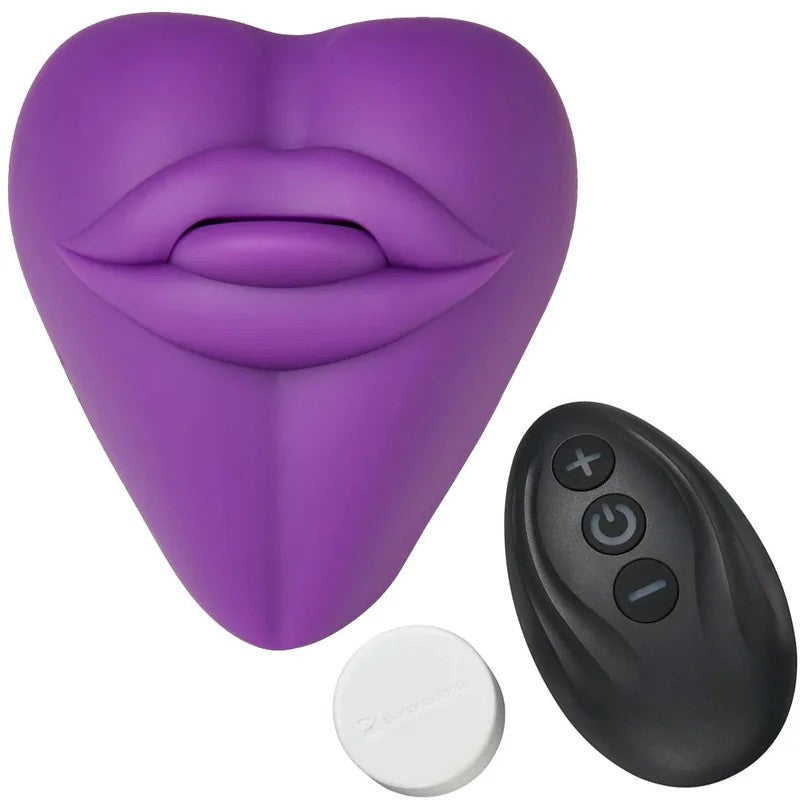 Kissi+Puck–SiliconeLips&TongueVibratingDildoCushionGrinder–Purple