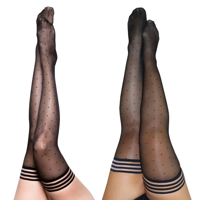 Kixies–“Ally”Striped-Band-TopStayUpBlackPolkaDotThighHighStockings(SizeD)