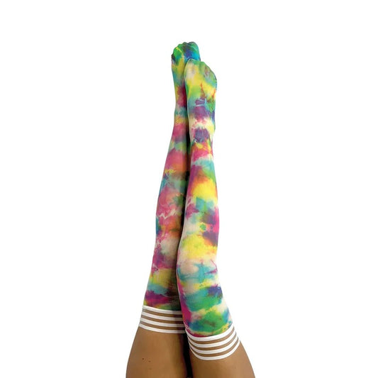Kixies–“Gilly”Striped-Band-TopRainbowTie-DyeStayUpThighHighStockings(SizeA)