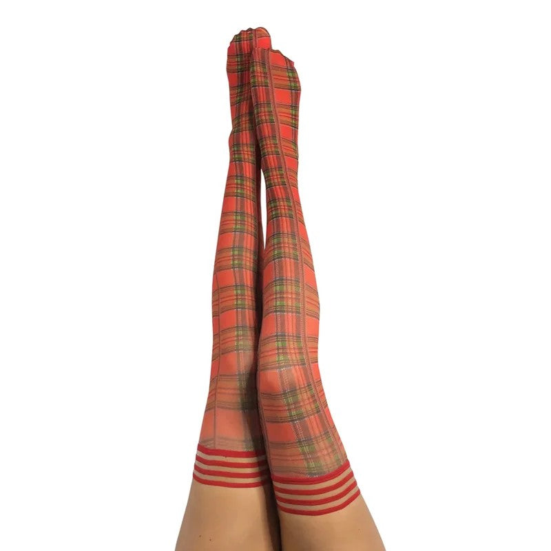 Kixies–“Grace”RedPlaidStriped-Band-TopStayUpThighHighStockings(SizeB)