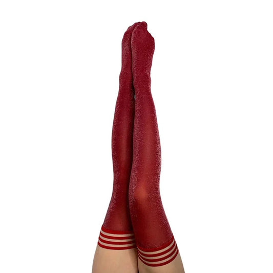 Kixies–“Holly”Striped-Band-TopStayUpCranberryShimmerThighHighStockings(SizeB)