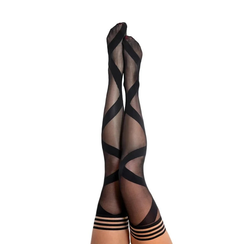Kixies–“Jackie”BlackStriped-Band-TopBalletCriss-CrossRibbonStayUpThighHighStockings(SizeB)