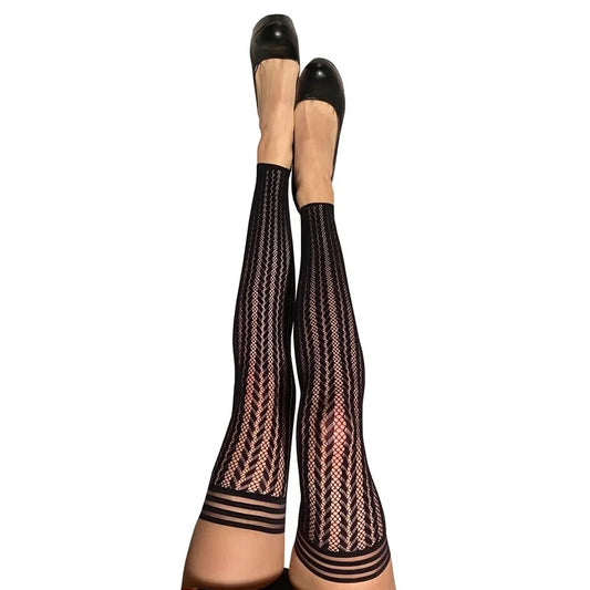 Kixies–“Lindsay”BlackStriped-Band-TopFootlessStripeKnittedStayUpThighHighTights(SizeC)