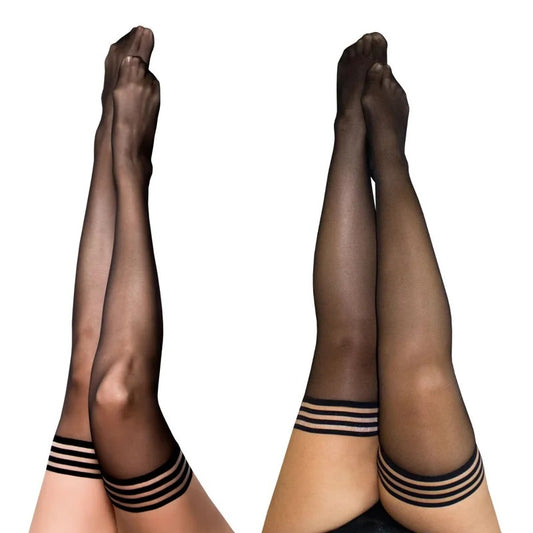Kixies–“Taylor”Striped-Band-TopStayUpSilkySheerBlackThighHighStockings(SizeC)