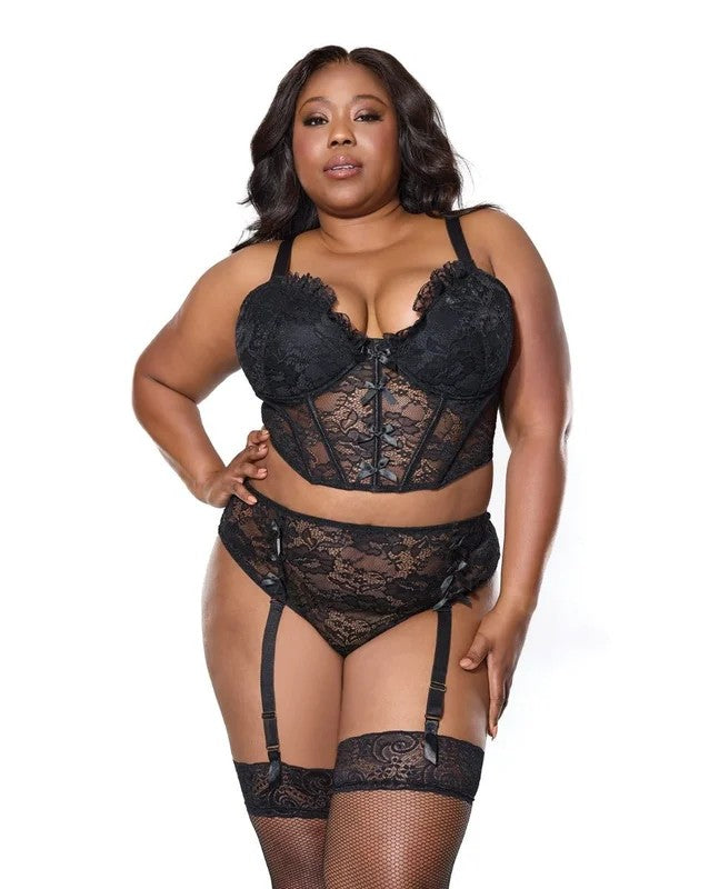 LaceBustierw/PaddedCups&GarteredThongPanty2pcSet–Black1X/2X