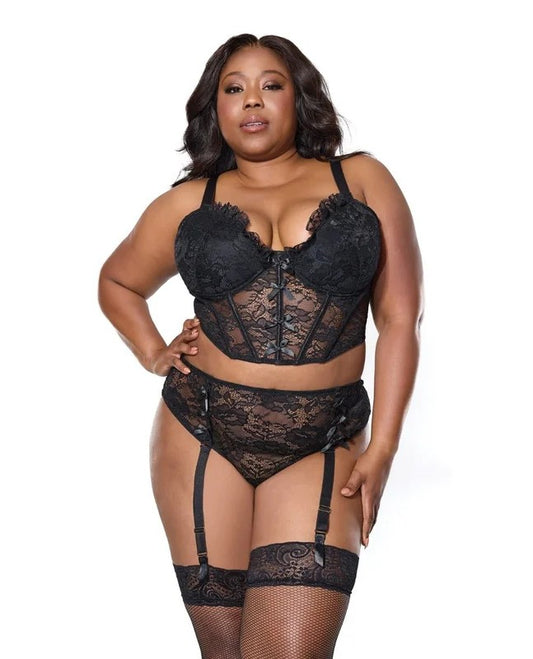 LaceBustierw/PaddedCups&GarteredThongPanty2pcSet–Black1X/2X