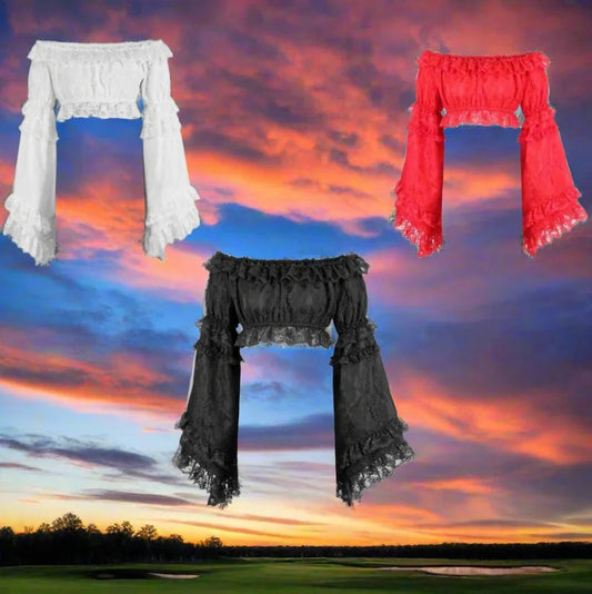 LaceSmockedFlareSleevePeasantTop
