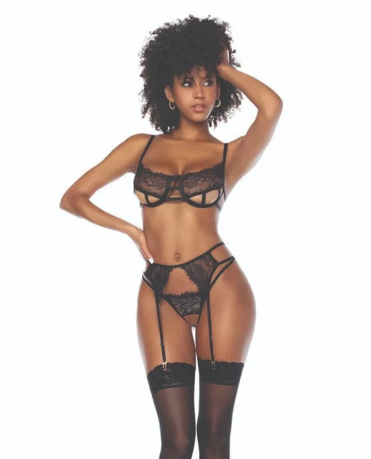 LaceUnderwireBraw/CrotchlessThongandGarter3pcSet–BlackL/XL