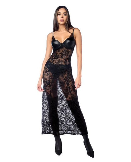 LaceUnderwireLongGownw/Panty&GarterBelt2pcSet(StockingsnotIncluded)–BlackL/XL