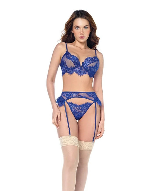 LaceUnderwireTopw/Panty&Garter3pcSet–BlueL/XL