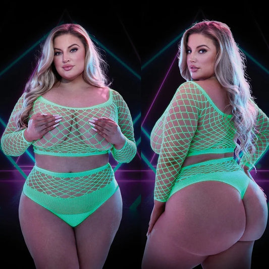 Lapdance–2pcLongSleeveCropTop&PantySetGlowInDarkwithNipplePasties–Queen/PlusSize(Green)