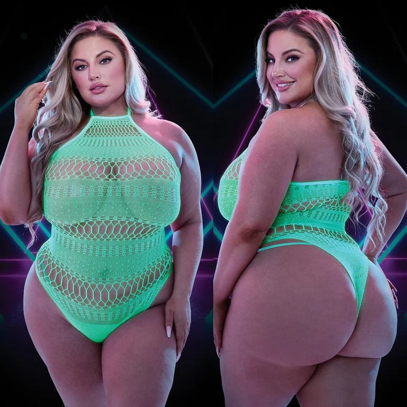 Lapdance–HalterneckTeddyGlowInDarkwithNipplePasties–Queen/PlusSize(Green)