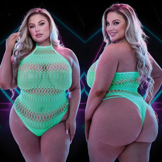 Lapdance–HalterneckTeddyGlowInDarkwithNipplePasties–Queen/PlusSize(Green)
