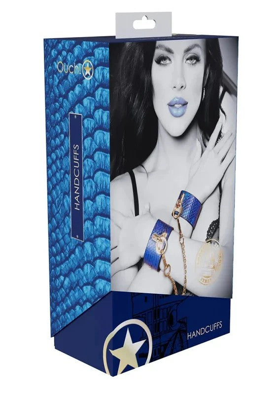 LeatherHandcuffsBluewithGoldHardware
