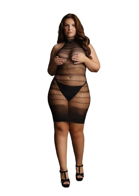 LeDesirHighLaceNeckNetMiniDress