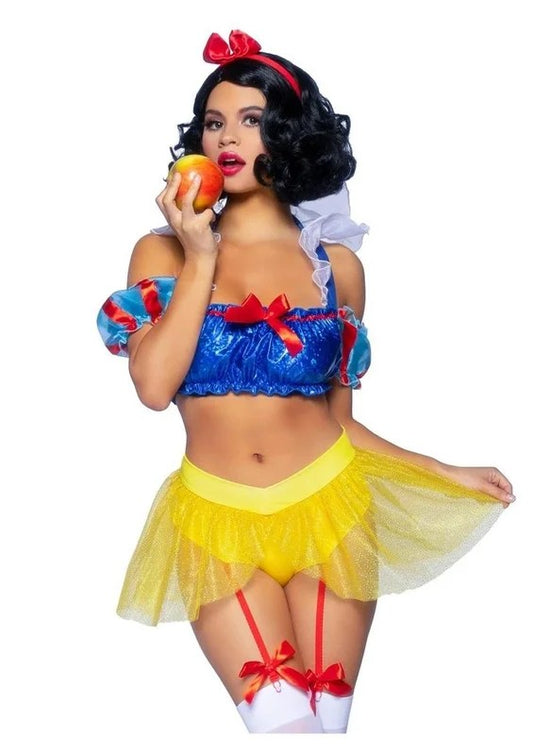 LegAvenueBadAppleSnowWhite,ShimmerHalterBandeauwithOrganzaPuffSleevesandRuffleCollar,GarterPantywithShimmerSheerSkirt,andMatchingBowHeadband