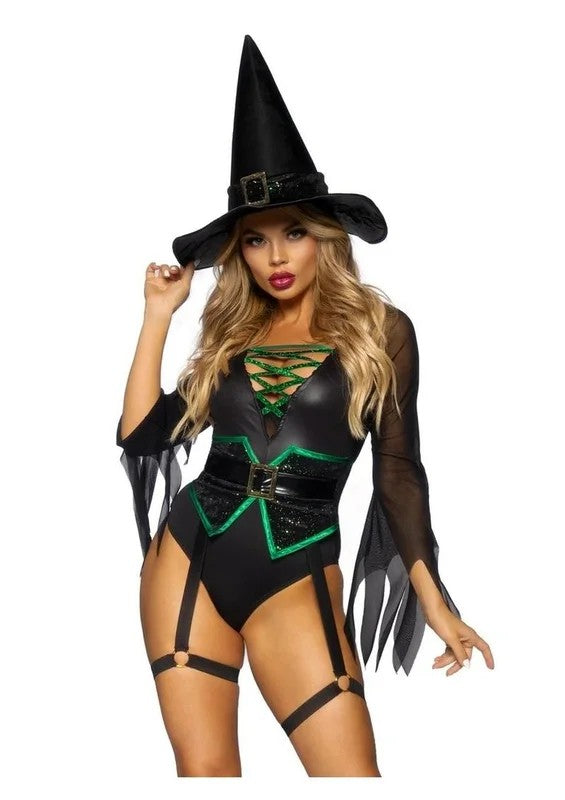 LegAvenueBroomstickBabeBodysuitwithLaceUpDeep-VandWaistCincherBuckleAccent,AttachedGarters,andWitchHat
