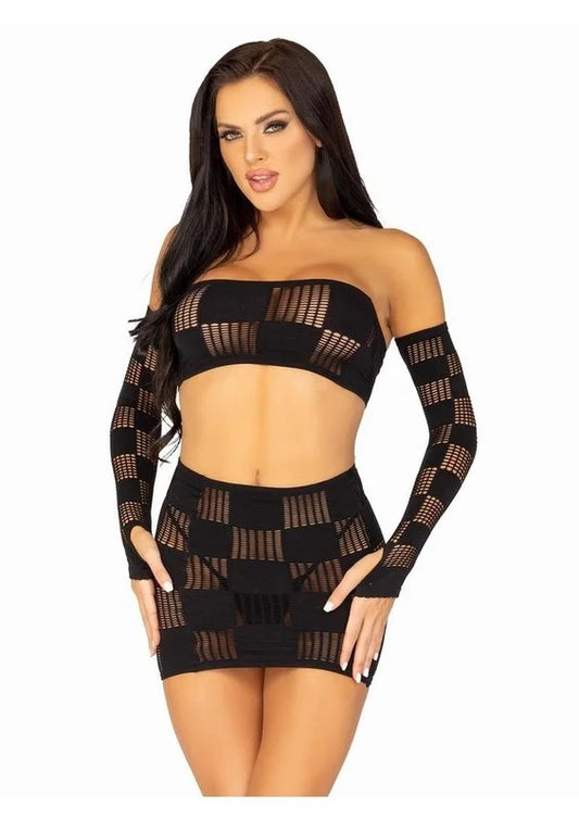 LegAvenueCheckerboardNetandOpaqueBandeauMiniSkirtandArmWarmers